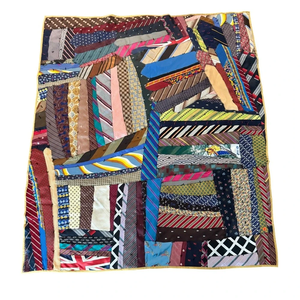 Vintage Handmade Silk Necktie Patchwork Quilt Gucci Designer Labels 63x54